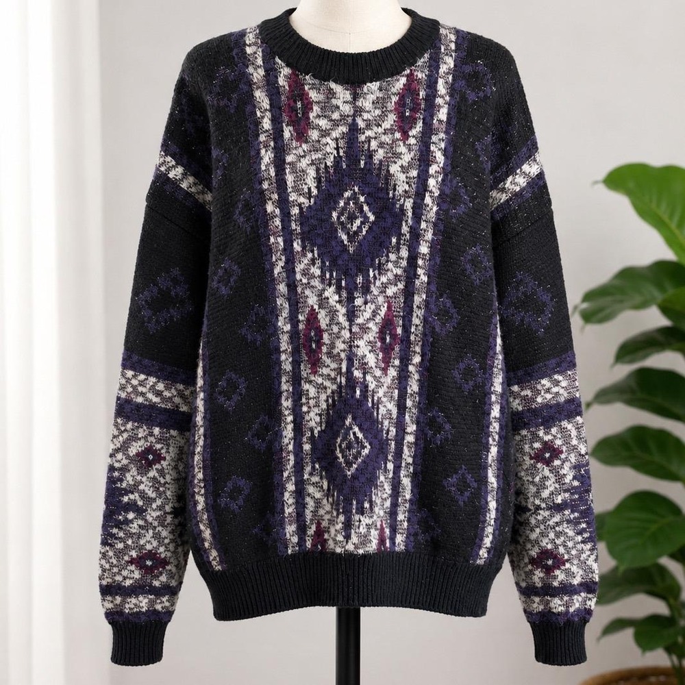Ash Creek Trading Men Vintage Southwestern 90's Dad‎ Knit Sweater Black Purple L
